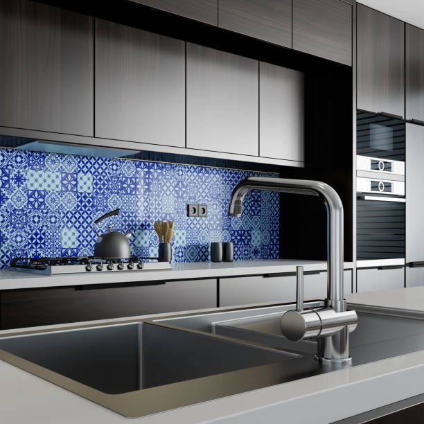 istock Luxury black minimalist Italian style open space kitchen with big long kitchen island. 1475995352