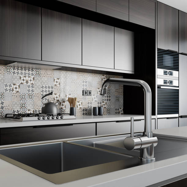 istock Luxury black minimalist Italian style open space kitchen with big long kitchen island. 1475995353