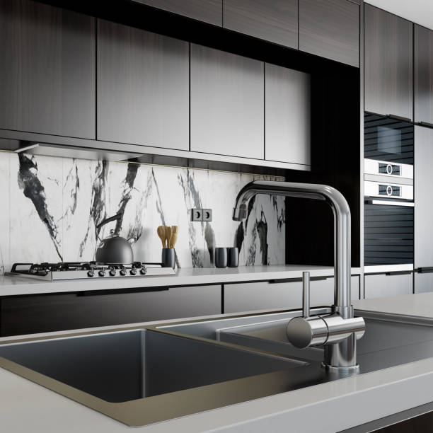 istock Luxury black minimalist Italian style open space kitchen with big long kitchen island. 1475995982