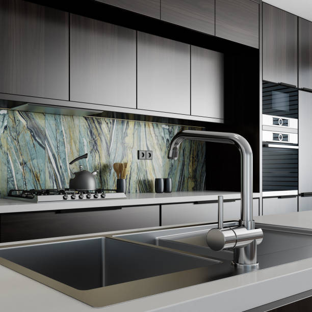 istock Luxury black minimalist Italian style open space kitchen with big long kitchen island. 1475995983