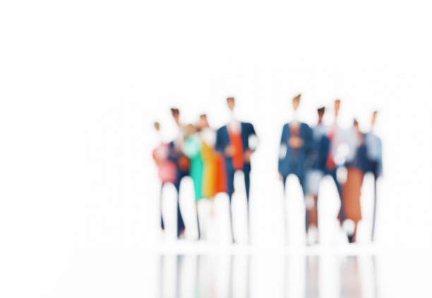 Blurred background with business people on white and space for text. 3D rendering illustration