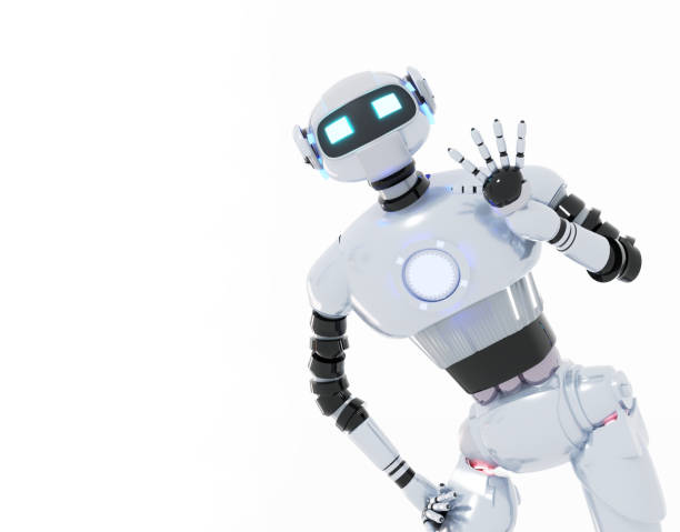 istock Friendly white glossy robot, cyborg waving his hand in order to say Hi. 3D rendering illustration 1475998155