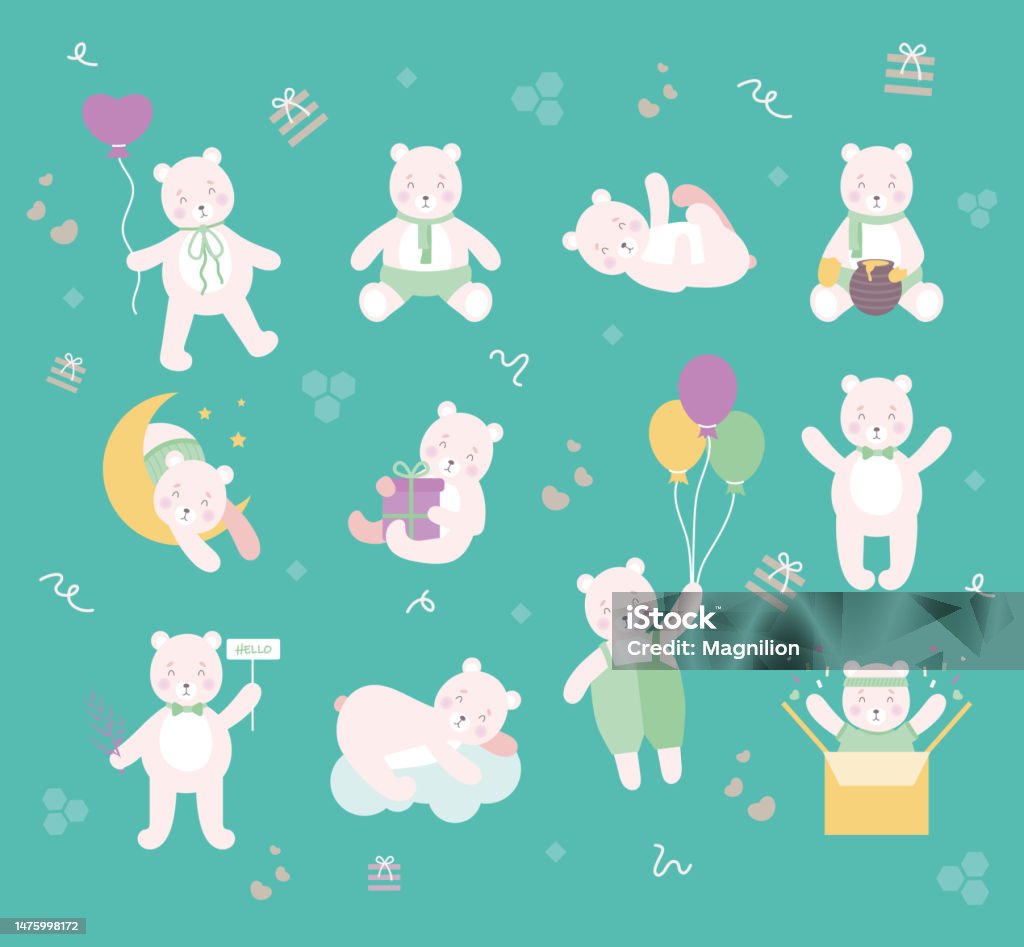 Pink Teddy Bear Vector Set Stock Illustration - Download Image Now ...