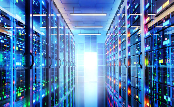 istock Interior of big modern server room. 3d rendering illustration 1475998254