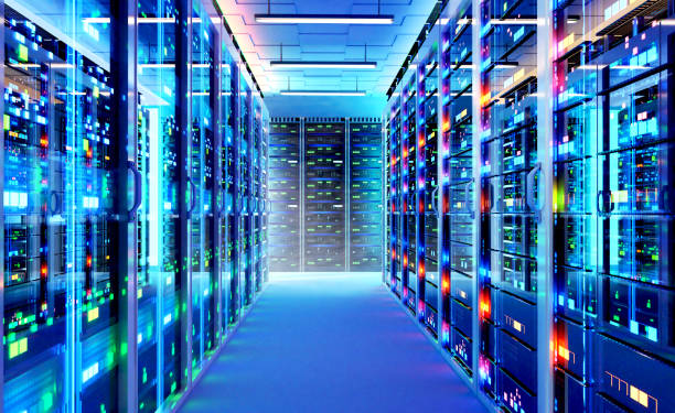 innenraum des großen, modernen serverraums. 3d-rendering-illustration - rechenzentrum stock-fotos und bilder