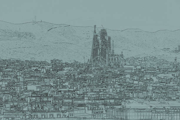 ilustração monocromática da paisagem urbana de barcelona com a impressionante majestade da sagrada famila ao fundo - sagrada famila - fotografias e filmes do acervo