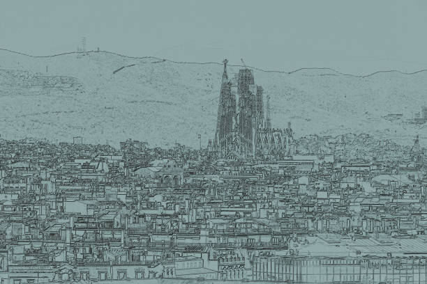 монохромная иллюстрация городского пейзажа барселоны с впечатляющим величием саграда фамилия на заднем плане - sagrada famila стоковые фото и изображения