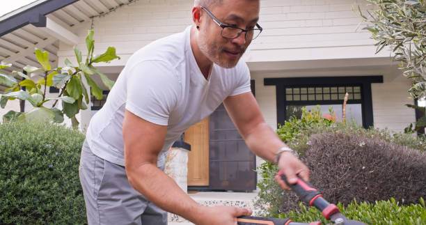 Man pruning a shrub outside his new home.
