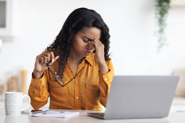 istock Tired african american lady experiencing burnout, remote job concept 1476004159