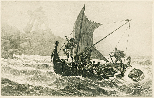 The Odyssey - Ulysses and his men escaping from Polyphemus engraving 1894