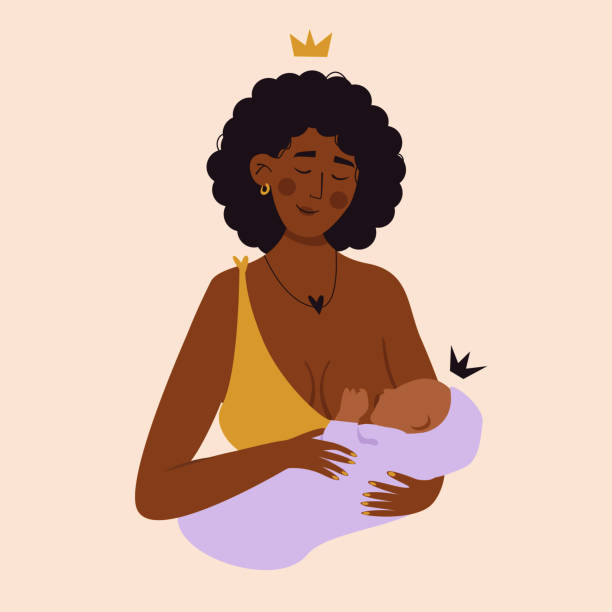 ilustrações de stock, clip art, desenhos animados e ícones de peaceful loving young african woman with natural curly black afro hair holding a child in her hands breastfeeding baby. vector portrait for black history living month - africana gravida