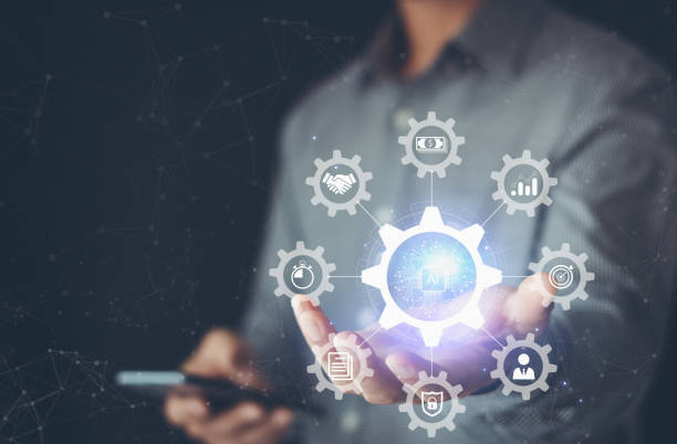 istock Gears icon on screen. Business industrial process management and workflow automation RPA diagram with gears and icons with Ai technology and connection line network. Manager touching interface. 1476006529