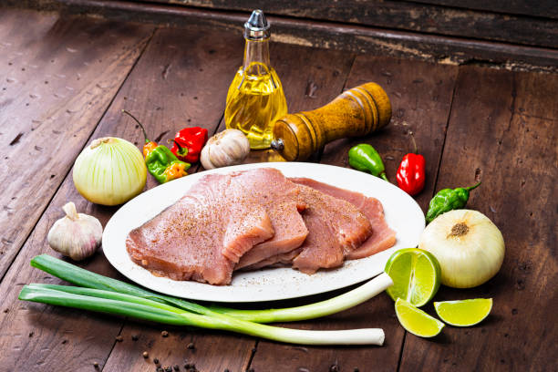 Fresh tuna fish with ingredients stock photo