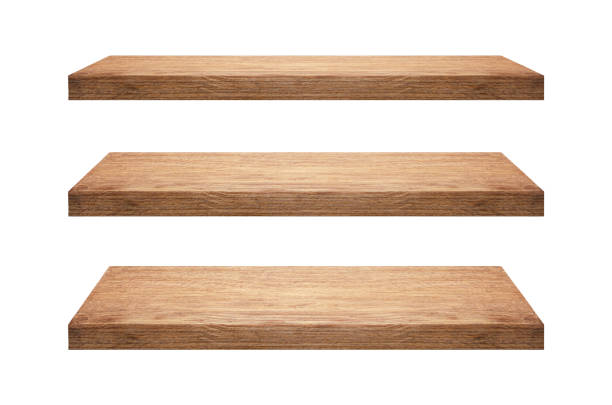 Collection of wooden shelfs isolated on white background