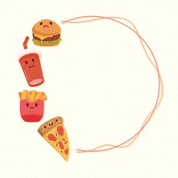 Vector illustration of fast food around kawaii