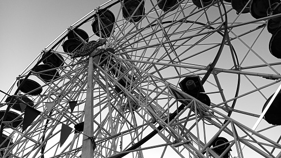 Close-up of a Ferris Wheel against clear sky with copy space.