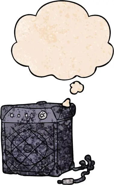 Vector illustration of cartoon guitar amp with thought bubble in grunge texture style