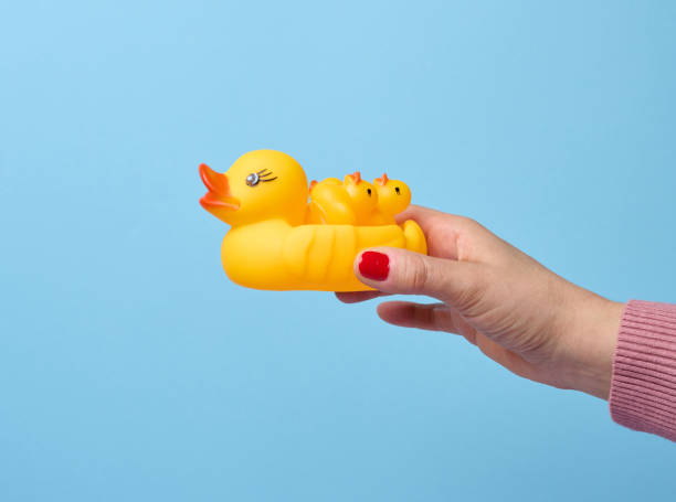 istock A woman's hand holds a yellow rubber duck on a blue background, a bath toy 1476019390
