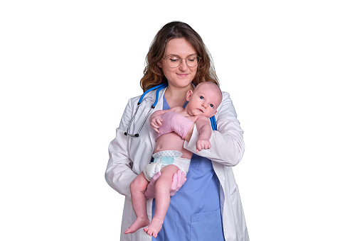 Pediatrician doctor holding newborn baby and smiling, isolated on a white background. Happy nurse in uniform with a baby in her arms. Kid aged two months