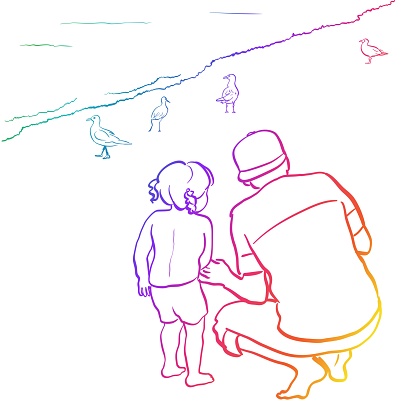 A father and daughter exploring the beach and looking at the seagulls. Waves slowly wash upon the shore while the birds walk about. Dad is eager to show his little girl the wonders of the beach and the mysteries of the sea. Hand drawn illustration.