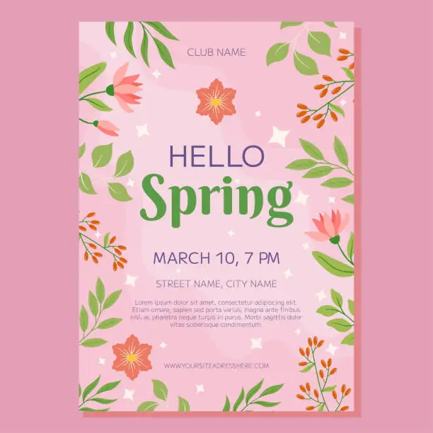 Vector illustration of Party poster template with pink flowers and green leaves framing a pink background with text Hello spring. Perfect for promoting springtime events and celebrations, this  format will catch the eye and add a touch of elegance to your designs.