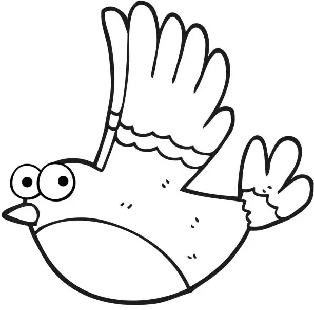 Vector illustration of freehand drawn black and white cartoon flying bird