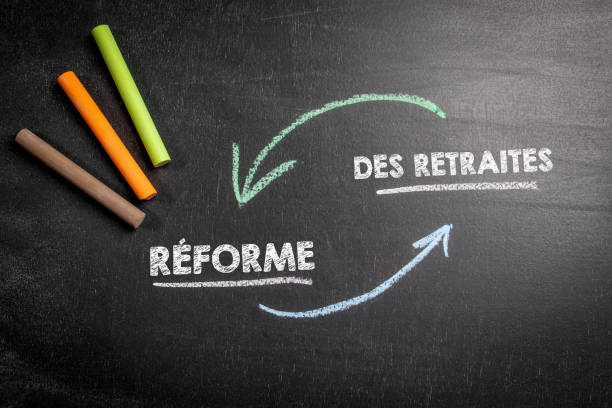 PENSION REFORM in French. Text on a dark chalk board stock photo