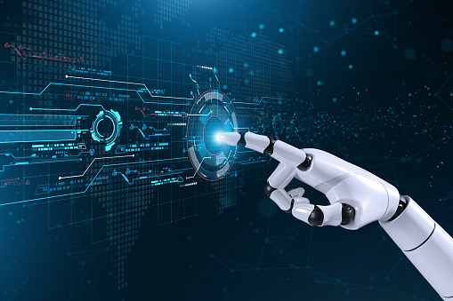AI, Machine Learning, robot and human hands touching on big data network connection background,  Artificial intelligence, machine learning, internet business, technology concept.