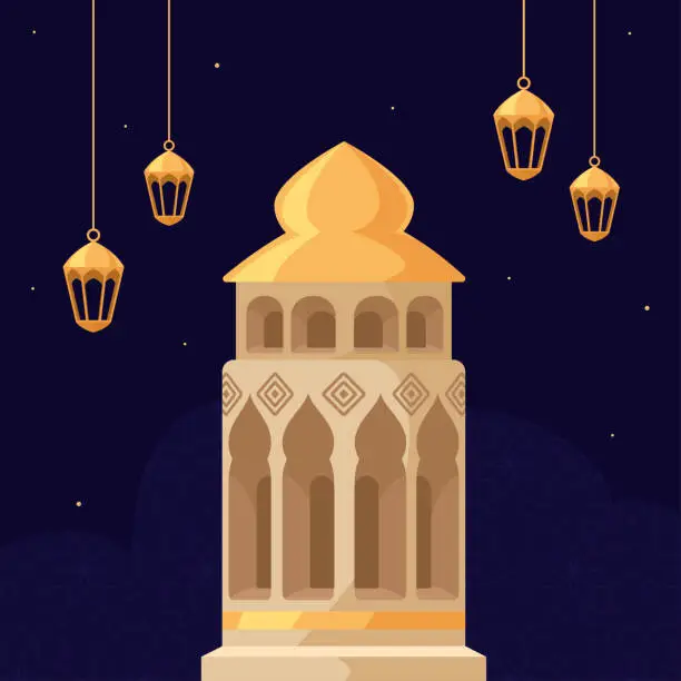 Vector illustration of muslim mosque with lamps