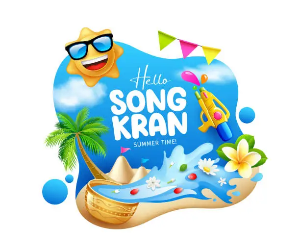 Vector illustration of Songkran festival thailand, Thai flowers in a water bowl, splashing, sun smile, sand pagoda, cloud sky poster design