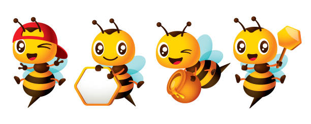 cartoon cute bee zestaw postaci serii z różnymi pozami. śliczna pszczoła trzymająca łyżkę miodu, szyld o strukturze plastra miodu i garnek miodu, pokaż znak ręki pokoju. kolekcja zestawów maskotek vector - big eyes obrazy stock illustrations