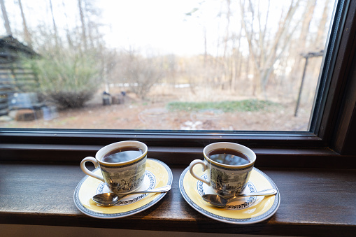 Two cups of fresh hot black coffee served at a cafe with a view out of a window to a tree area in rural Japan.