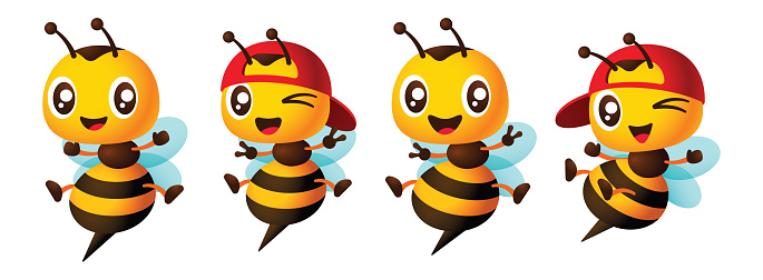 Cartoon cute bee mascot set with different poses illustration