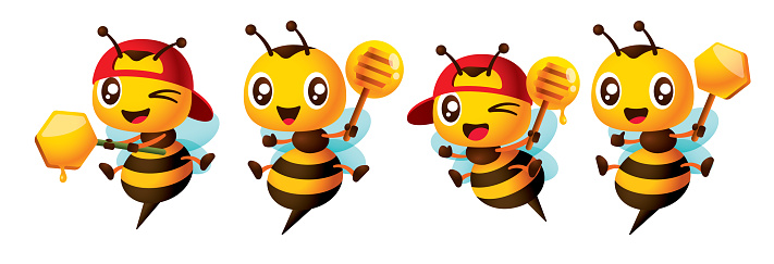 Cartoon cute bee mascot set with different poses holding honey dipper and honeycomb vector illustration