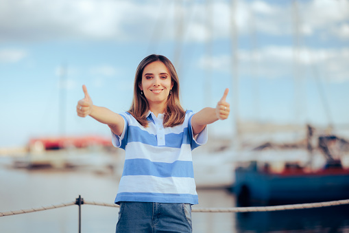 Cheerful lady feeling positing recommending boat trips