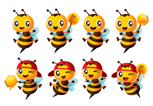 Cartoon cute happy bee character set with different poses. Cute Bee holding honey dripper and honeycomb stick and showing victory hand sign. Vector ultimate mascot set