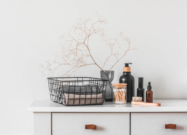 istock Bathroom  hygiene accessories on a shelf. Interior scandinavian style 1476070426