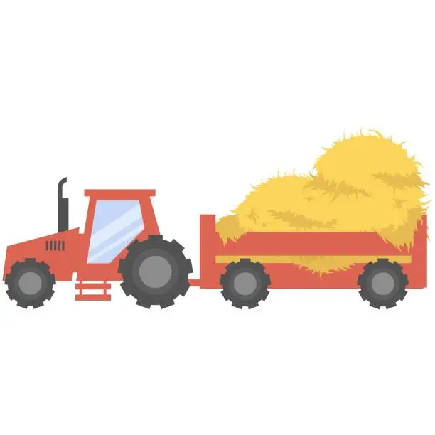 Vector illustration of Tractor pulling trailer full hay bale isolated on white