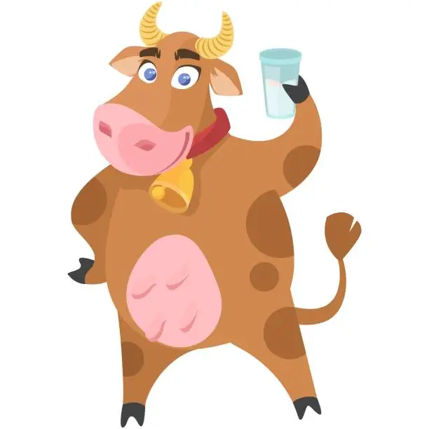 Vector illustration of Funny cartoon cow with milk glass isolated vector