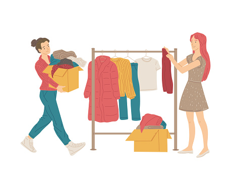 Garage or second hand shop sale scene, flat vector illustration isolated on white background. People choosing second hand used or discounted clothing.