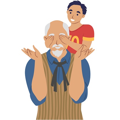 Happy family icon. Vector grandson playing with grandfather isolated on white background. Cheerful grandkid closing grandpa eyes. Grandparent and grandchild relationship
