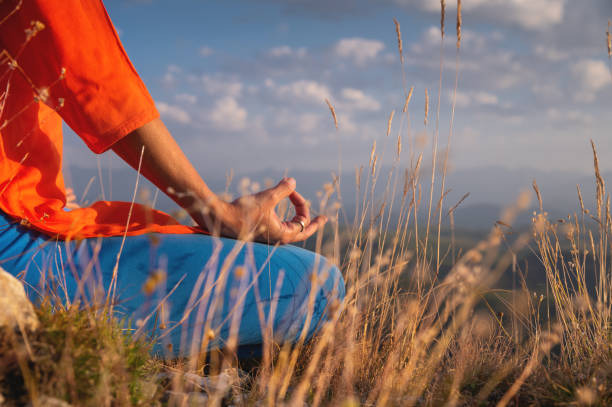 primer plano de una mujer pacífica meditando mientras está sentada en las montañas en la hierba, un ejercicio de calma y equilibrio - mantra fotografías e imágenes de stock