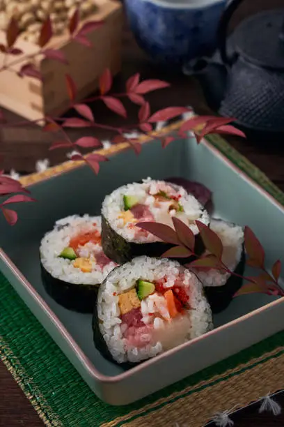 Japanese food : thick sushi rolls eaten at seasonal events “Eho-maki”