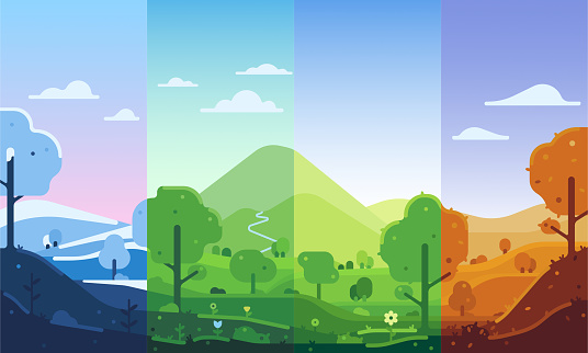 Four seasons vector illustration set. Winter, spring, summer, autumn. Landscape beautiful illustration.