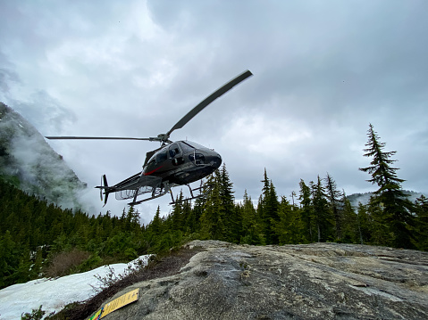 A helicopter lands on a small rock in a forest in the Canadian Mountains