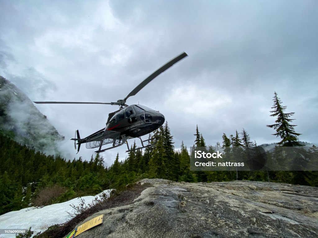 Helicopter landing in a forest A helicopter lands on a small rock in a forest in the Canadian Mountains Helicopter Stock Photo