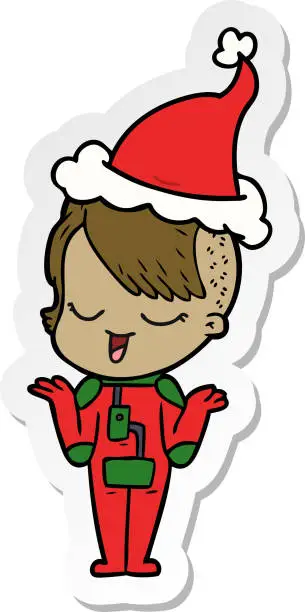 Vector illustration of happy hand drawn sticker cartoon of a girl in space suit wearing santa hat