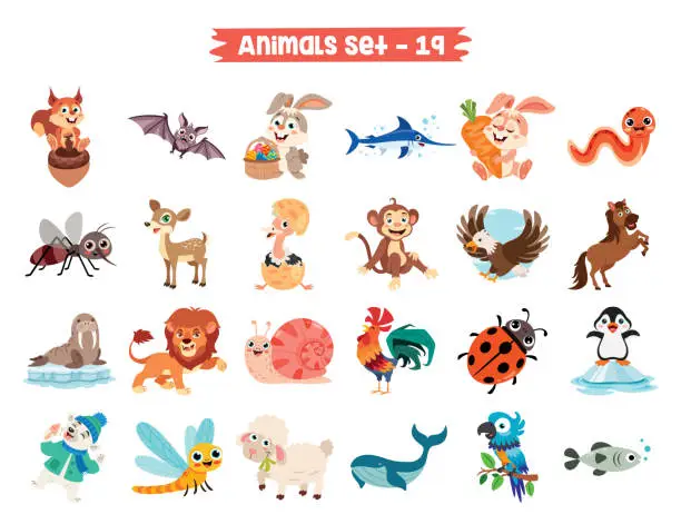 Vector illustration of Set Of Cute Cartoon Animals