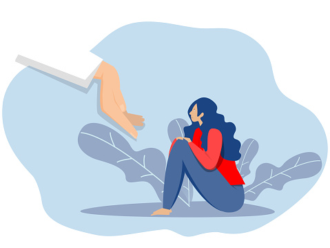 psychological support concept Young woman  sitting  depressed or unhappy with psychotherapy help and support counseling session vector illustration