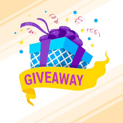 Giveaway bright banner festive wrapped gift box with bow confetti surprise poster isometric vector illustration. Internet blog vlog present promo competition marketing social media network event